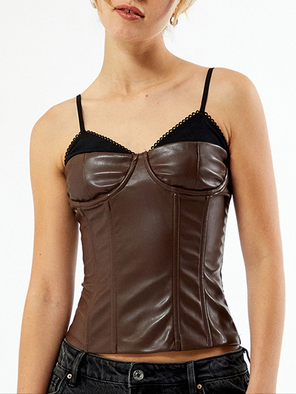WeWoreWhat Revolve Brown Black Vegan Faux Leather Lace Boning Corset Top 2 NWT - Picture 2 of 6